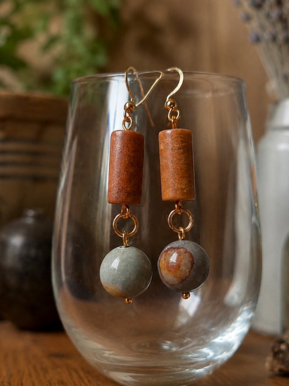 Ocean Jasper & Onyx Boho Dangle Earrings - 24k Gold Plated Stainless Steel